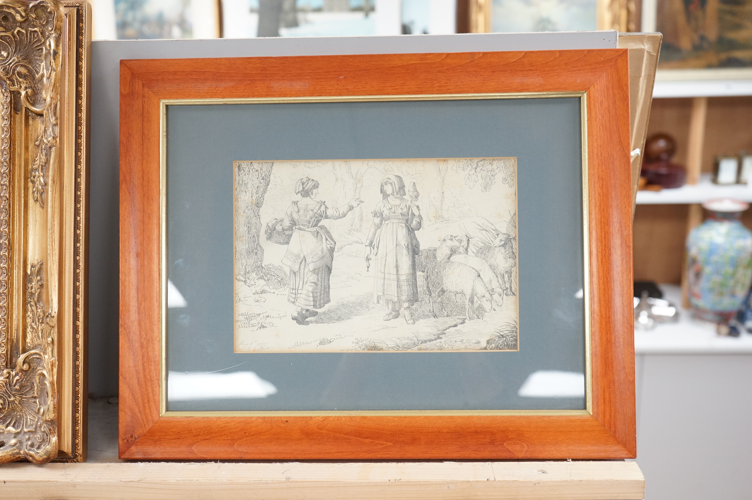 19th century, English School, pencil sketch, Shepherdesses and sheep, inscribed May 11th 1830, indistinctly signed, 16 x 23cm